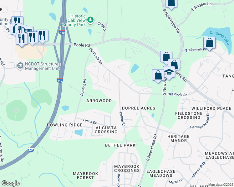 map of restaurants, bars, coffee shops, grocery stores, and more near 1208 Bethel Road in Raleigh