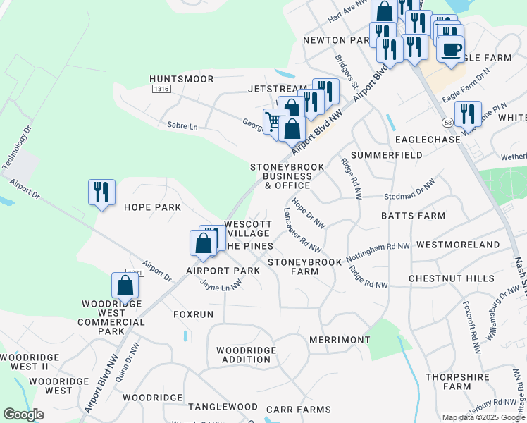map of restaurants, bars, coffee shops, grocery stores, and more near 3430 Irene Drive Northwest in Wilson