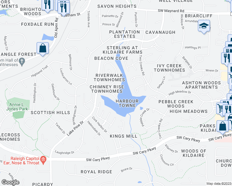 map of restaurants, bars, coffee shops, grocery stores, and more near 143 Chimney Rise Drive in Cary