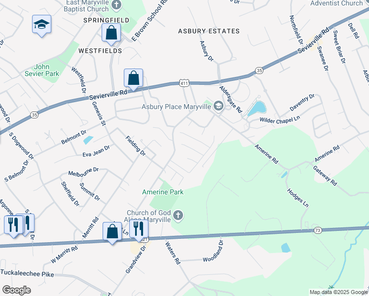 map of restaurants, bars, coffee shops, grocery stores, and more near 337 Caboose Lane in Maryville
