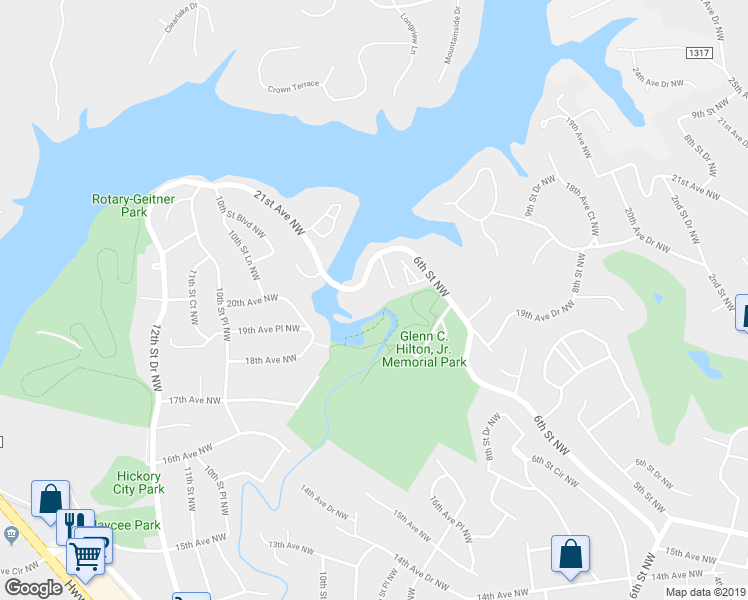 map of restaurants, bars, coffee shops, grocery stores, and more near 2239 6th St NW in Hickory