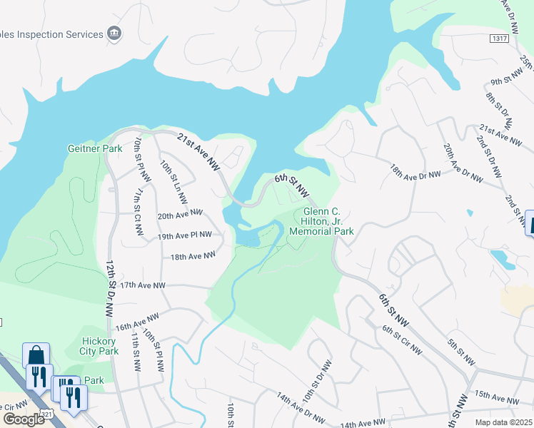 map of restaurants, bars, coffee shops, grocery stores, and more near 2231 6th Street Northwest in Hickory