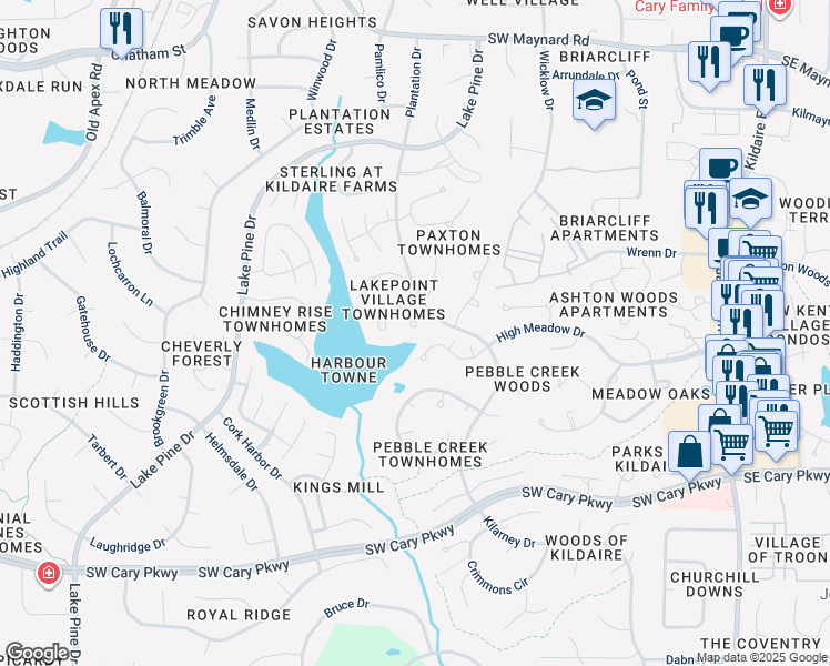 map of restaurants, bars, coffee shops, grocery stores, and more near 117 Breakers Place in Cary