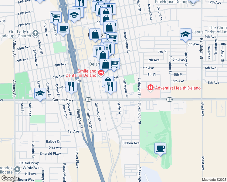 map of restaurants, bars, coffee shops, grocery stores, and more near 504 Main Street in Delano