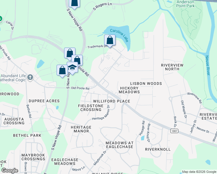 map of restaurants, bars, coffee shops, grocery stores, and more near 1308 Broken Branch Court in Raleigh