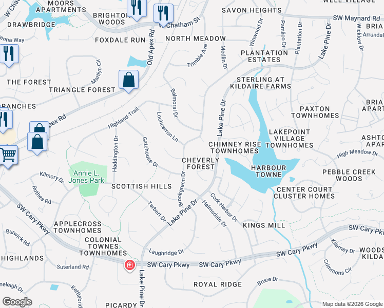 map of restaurants, bars, coffee shops, grocery stores, and more near 1113 Brookgreen Drive in Cary