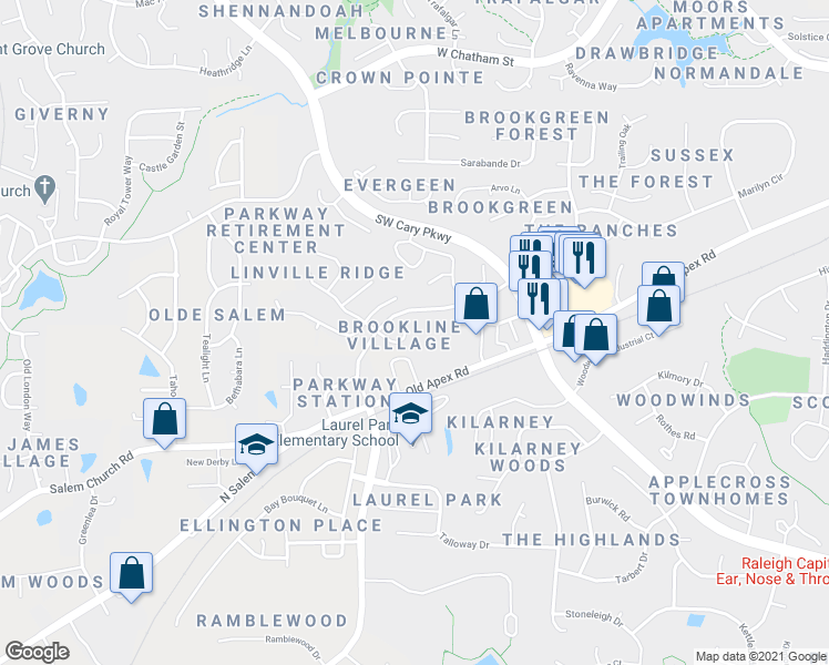 map of restaurants, bars, coffee shops, grocery stores, and more near 120 Carostone Court in Cary