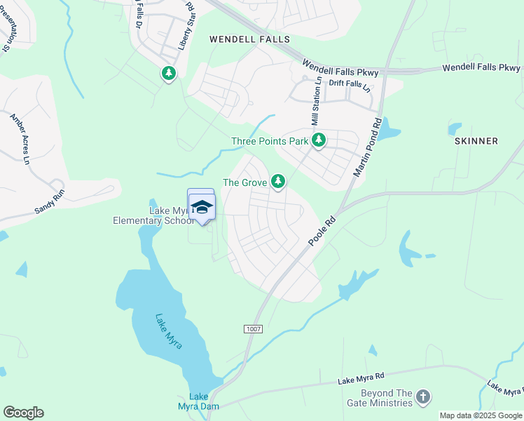 map of restaurants, bars, coffee shops, grocery stores, and more near 1453 Big Falls Drive in Wendell