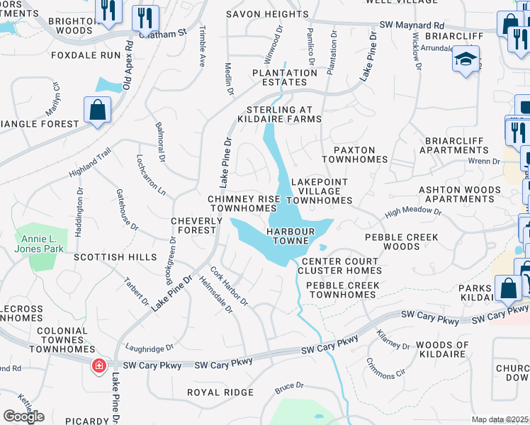 map of restaurants, bars, coffee shops, grocery stores, and more near 143 Chimney Rise Drive in Cary