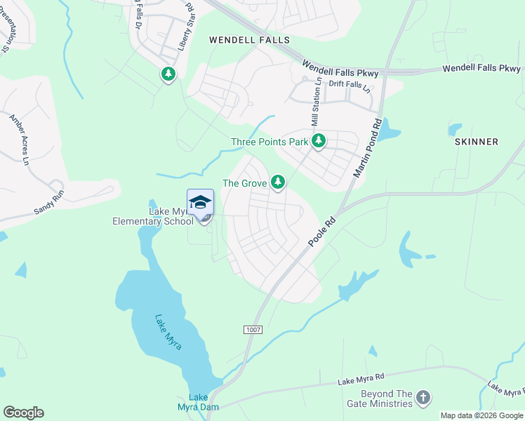 map of restaurants, bars, coffee shops, grocery stores, and more near 1453 Big Falls Drive in Wendell