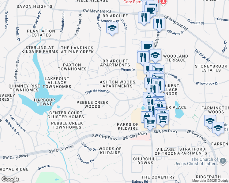 map of restaurants, bars, coffee shops, grocery stores, and more near 141 Drummond Place in Cary