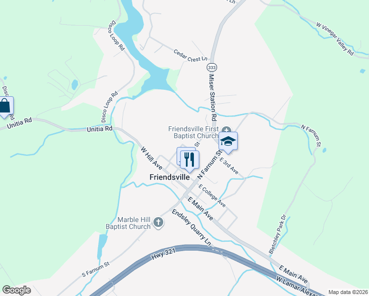 map of restaurants, bars, coffee shops, grocery stores, and more near 118 North Young Street in Friendsville