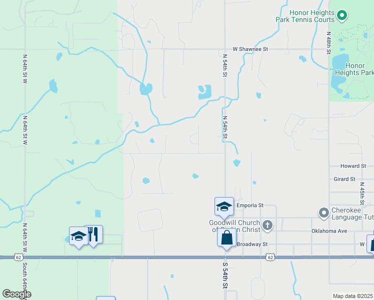 map of restaurants, bars, coffee shops, grocery stores, and more near 5520 Rolling Oaks Drive in Muskogee