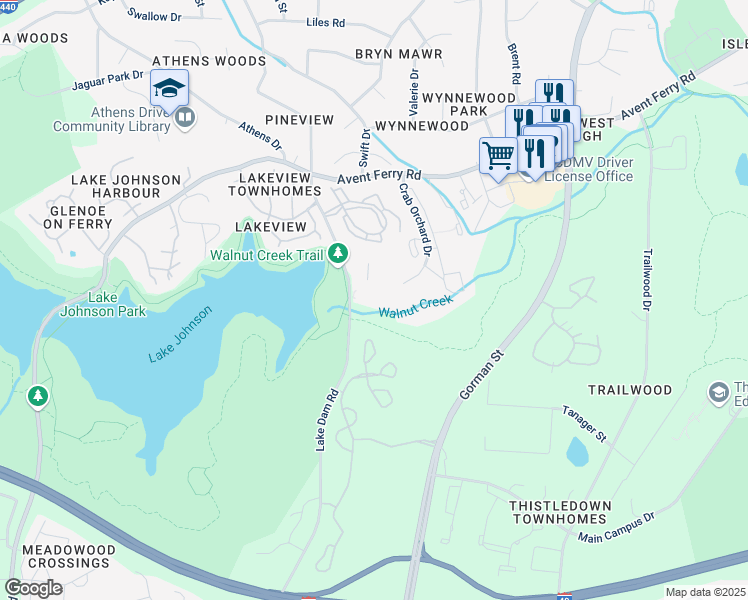 map of restaurants, bars, coffee shops, grocery stores, and more near 1331 Crab Orchard Drive in Raleigh