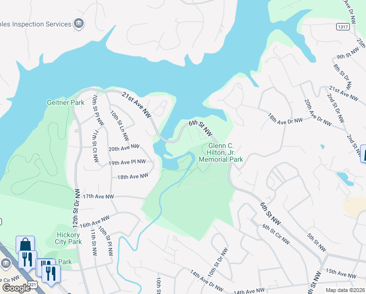 map of restaurants, bars, coffee shops, grocery stores, and more near 2235 6th Street Northwest in Hickory