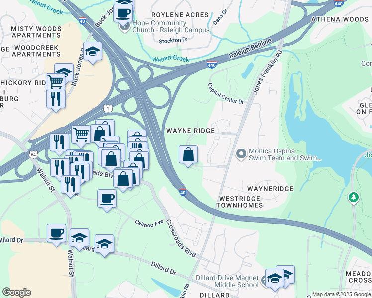 map of restaurants, bars, coffee shops, grocery stores, and more near 5540 Centerview Drive in Raleigh