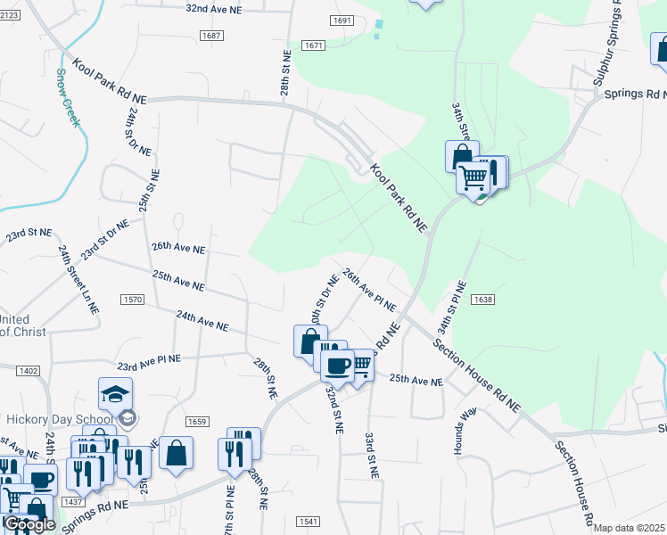 map of restaurants, bars, coffee shops, grocery stores, and more near 2625 30th Street Drive Northeast in Hickory