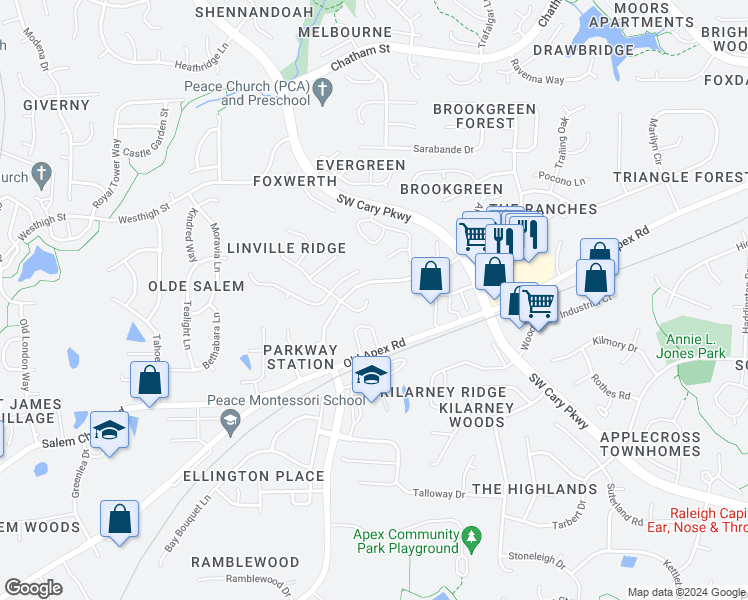 map of restaurants, bars, coffee shops, grocery stores, and more near 116 Carostone Court in Cary