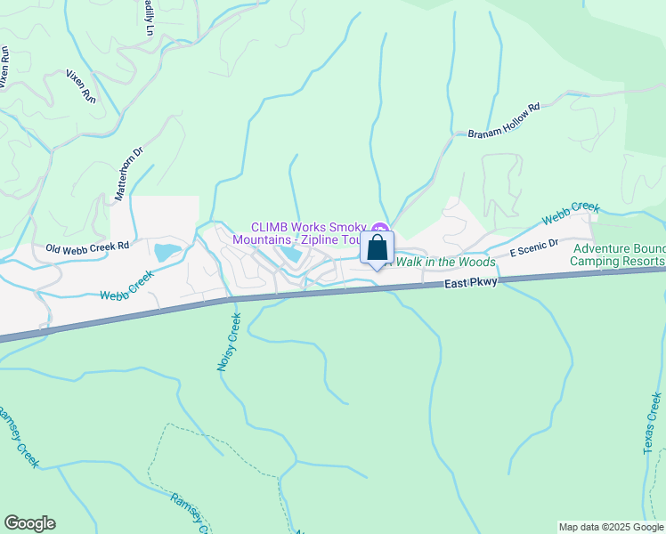 map of restaurants, bars, coffee shops, grocery stores, and more near 134 Wildwood Way in Gatlinburg