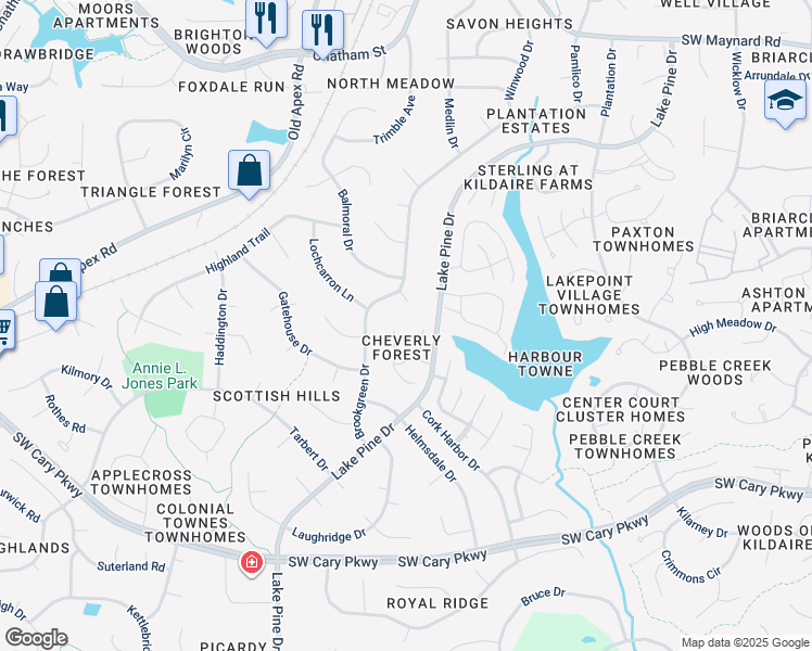 map of restaurants, bars, coffee shops, grocery stores, and more near 105 Tapestry Terrace in Cary