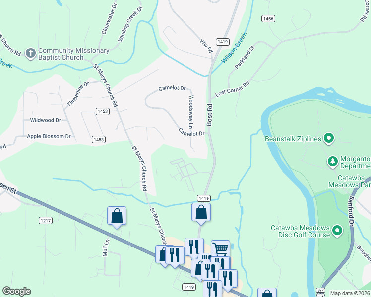 map of restaurants, bars, coffee shops, grocery stores, and more near 201 Camelot Drive in Morganton