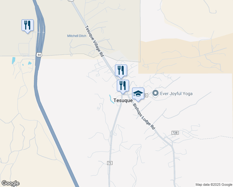 map of restaurants, bars, coffee shops, grocery stores, and more near 141 Tesuque Village Road in Santa Fe