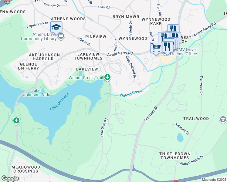 map of restaurants, bars, coffee shops, grocery stores, and more near 1351 Crab Orchard Drive in Raleigh
