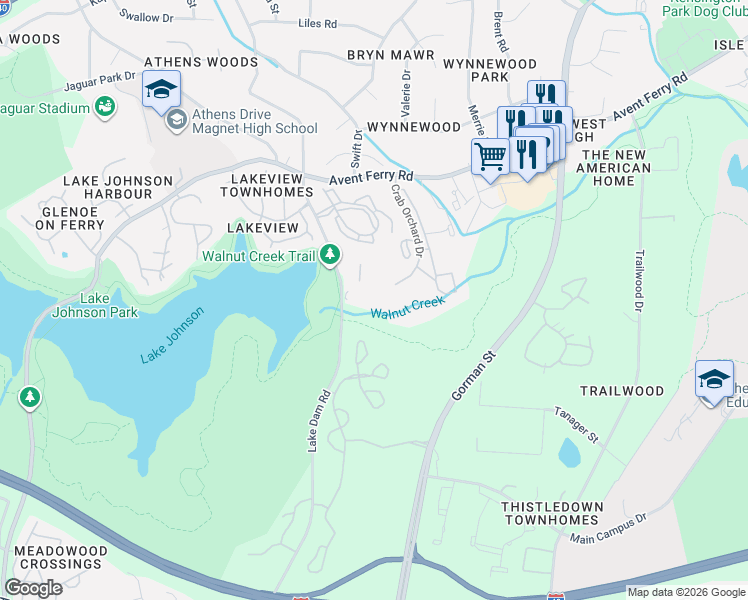 map of restaurants, bars, coffee shops, grocery stores, and more near 1221 University Court in Raleigh