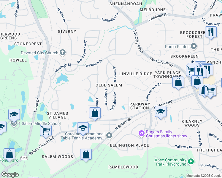 map of restaurants, bars, coffee shops, grocery stores, and more near 214 Moravia Lane in Cary