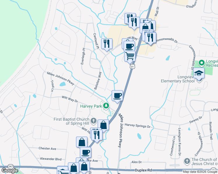 map of restaurants, bars, coffee shops, grocery stores, and more near 1023 Cantwell Place in Spring Hill