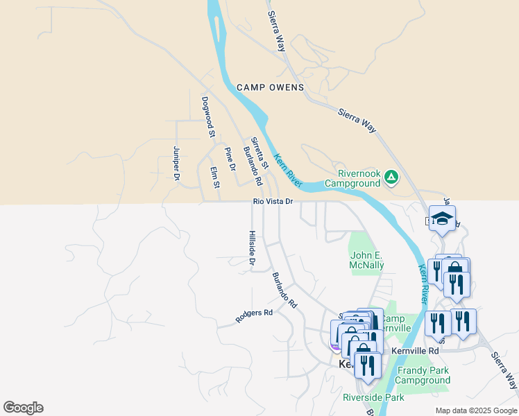 map of restaurants, bars, coffee shops, grocery stores, and more near 506 Burlando Road in Kernville