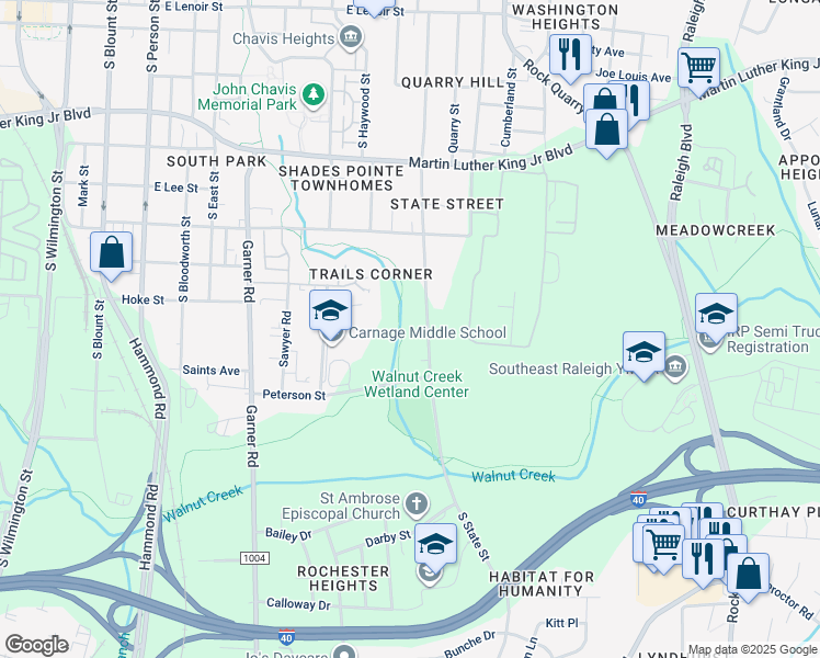 map of restaurants, bars, coffee shops, grocery stores, and more near 1304 South State Street in Raleigh