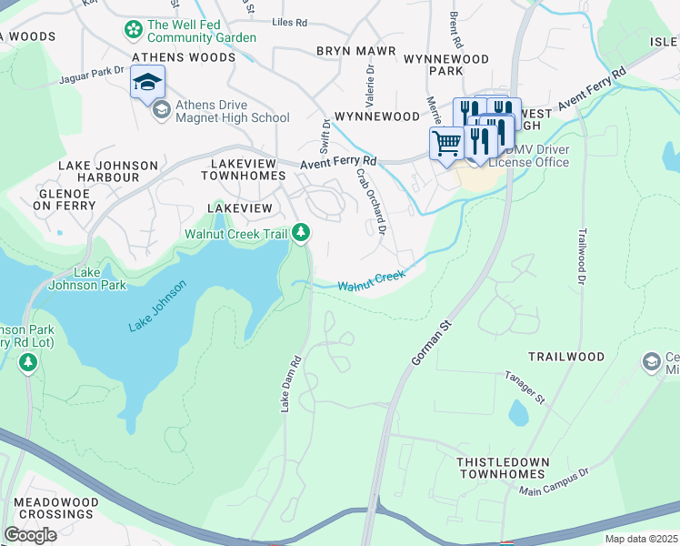 map of restaurants, bars, coffee shops, grocery stores, and more near 1221 University Court in Raleigh