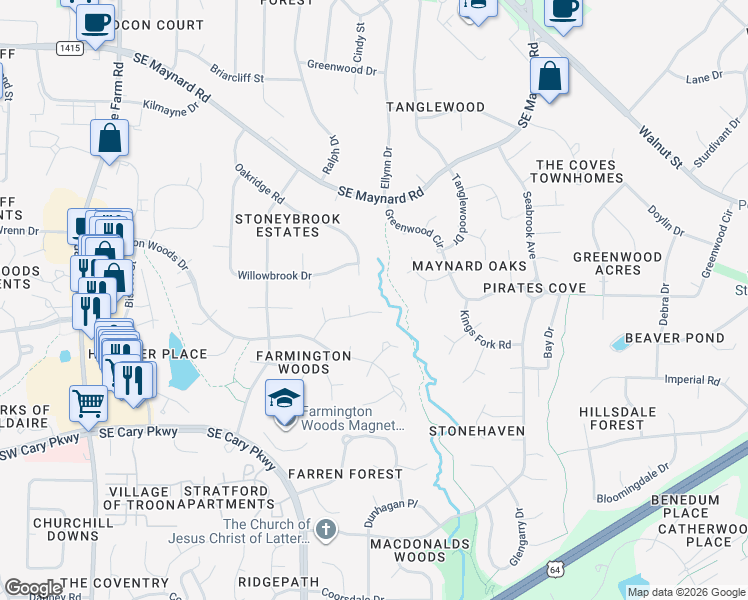 map of restaurants, bars, coffee shops, grocery stores, and more near 431 Oak Ridge Road in Cary