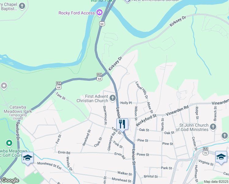 map of restaurants, bars, coffee shops, grocery stores, and more near 401 Lenoir Road in Morganton