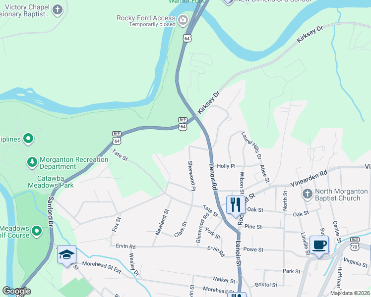 map of restaurants, bars, coffee shops, grocery stores, and more near 217 Sherwood Place in Morganton