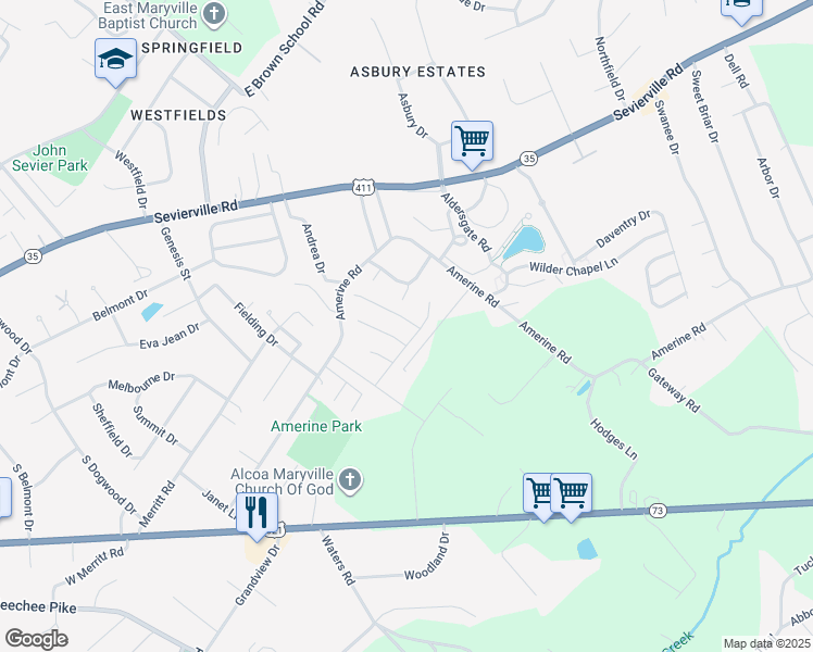 map of restaurants, bars, coffee shops, grocery stores, and more near 312 Caboose Lane in Maryville