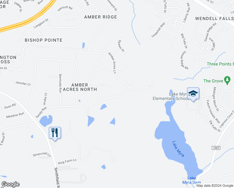 map of restaurants, bars, coffee shops, grocery stores, and more near 5949 Sandy Run in Knightdale