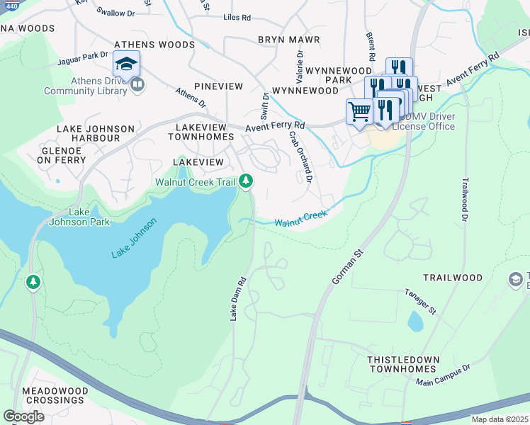 map of restaurants, bars, coffee shops, grocery stores, and more near 1341 Crab Orchard Drive in Raleigh