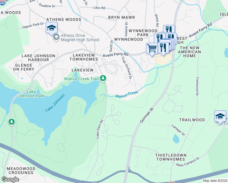 map of restaurants, bars, coffee shops, grocery stores, and more near 1221 University Court in Raleigh