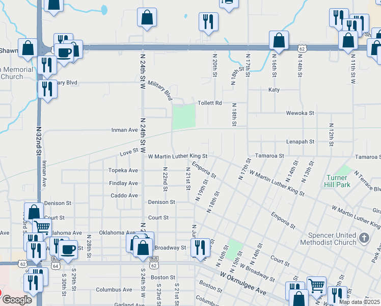 map of restaurants, bars, coffee shops, grocery stores, and more near 2020 West Martin Luther King Street in Muskogee
