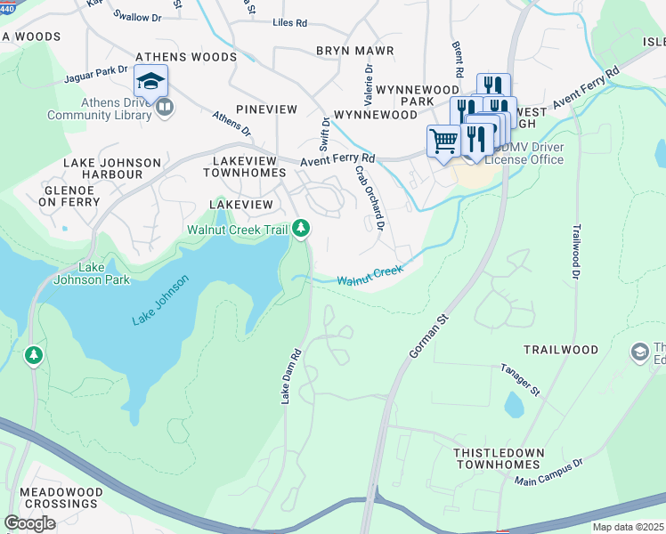 map of restaurants, bars, coffee shops, grocery stores, and more near 1331 Crab Orchard Drive in Raleigh