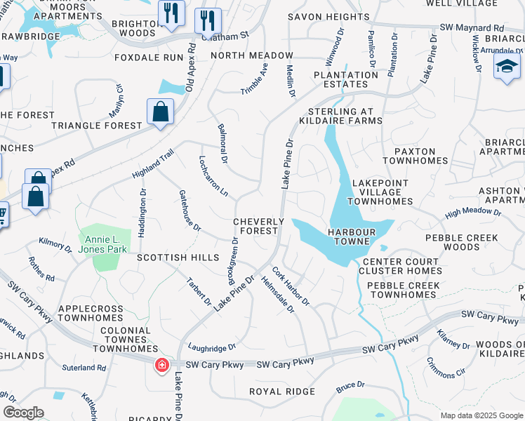 map of restaurants, bars, coffee shops, grocery stores, and more near 105 Tapestry Terrace in Cary
