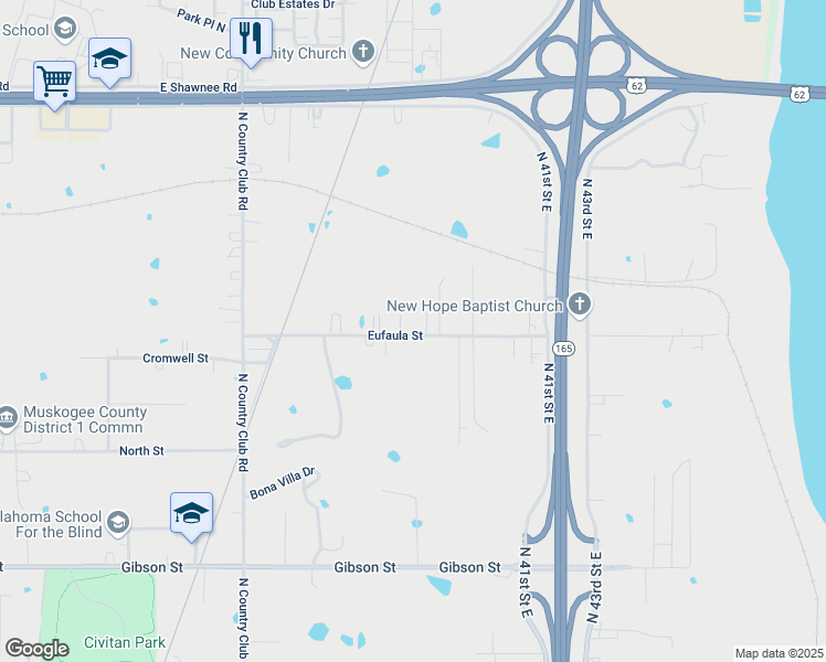 map of restaurants, bars, coffee shops, grocery stores, and more near 3800 Eufaula Avenue in Muskogee