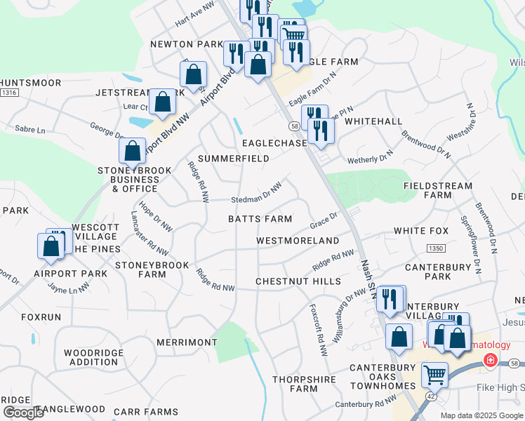 map of restaurants, bars, coffee shops, grocery stores, and more near 2817 Canal Drive Northwest in Wilson