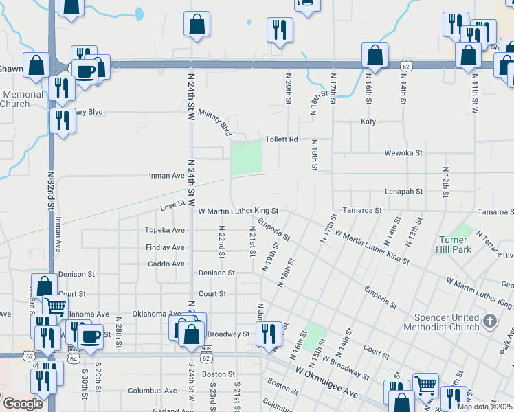 map of restaurants, bars, coffee shops, grocery stores, and more near 2020 West Martin Luther King Street in Muskogee