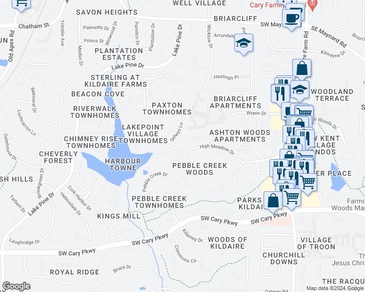 map of restaurants, bars, coffee shops, grocery stores, and more near 304 Two Creeks Road in Cary