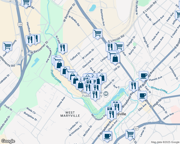 map of restaurants, bars, coffee shops, grocery stores, and more near 315 Lindsay Street in Alcoa
