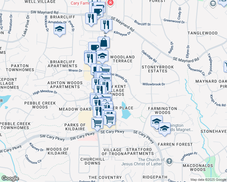 map of restaurants, bars, coffee shops, grocery stores, and more near 121 New Kent Place in Cary