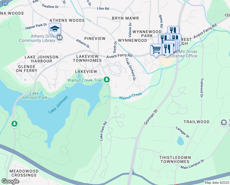 map of restaurants, bars, coffee shops, grocery stores, and more near 1220 University Court in Raleigh